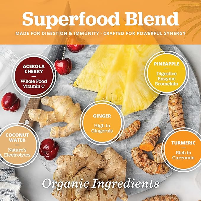 Ginger Shots with Turmeric &amp Pineapple - Ginger Juice Superfood Powder - Immunity Shots &amp Wellness Shots for Digestion &amp Energy Support - 15 Stick Packs - PuriVibe