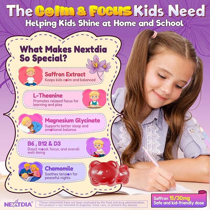 Happy Saffron Gummies for Kids Teen Organic Saffron + Magnesium Glycinate Supplement with Probiotics L-Theanine Chamomile D3 B6 B12 for Children's Focus &amp Mood Calm Sleep Sugar Free 120