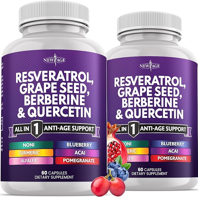 NEW AGE Resveratrol Berberine Grape Seed Extract Quercetin Supplement for Women and Men with Noni N-Acetyl Cysteine Acai - 120 Capsules