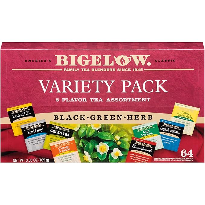 Bigelow Fine Tea &amp Herbal Tea Assortment 64 Count Box (Pack of 2) Caffeinated and Caffeine Tea 128 Tea Bags Total
