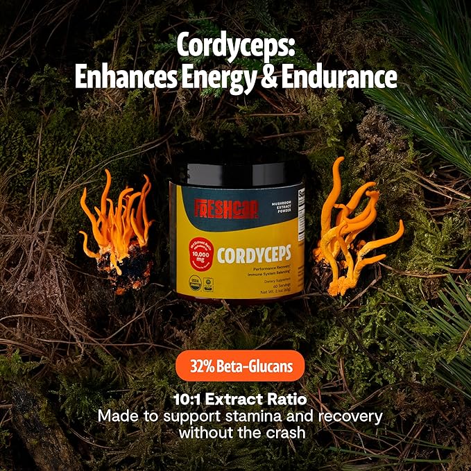 FreshCap Mushrooms Cordyceps Mushroom Powder 10000mg - Mushroom Extract Immunity Supplement Ayurveda Nootropic Mushroom Supplements (60 Servings)