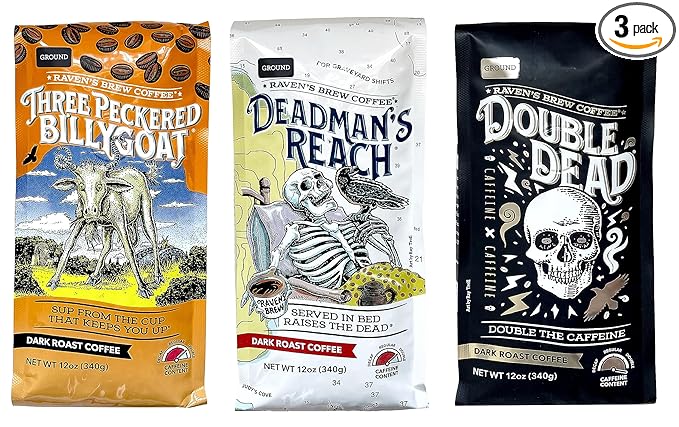 Raven's Brew Ground Coffee Variety Pack - 3 Delicious Flavors - Three Peckered Billy Goat Deadman's Reach and Double Dead - 12oz each