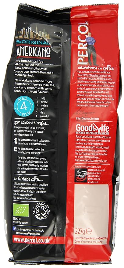 Percol Fairtrade &amp Organic Americano Ground Coffee 227g (Pack of 8)