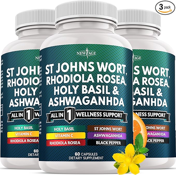 NEW AGE St Johns Wort Rhodiola Rosea Holy Basil Ashwagandha - Support for Women and Men with Vitamin C &amp Black Pepper Extract - 180 Count