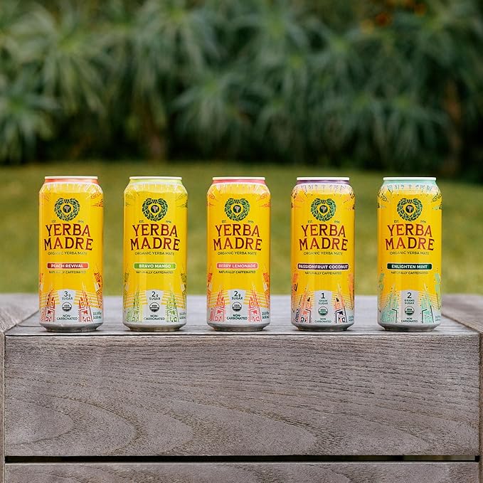 Yerba Madre Organic Yerba Mate Low Sugar Bravo Mango 150mg Natural Caffeine Energy Drink Alternative No Jitters or Crash 15.5 Oz (Pack of 12)