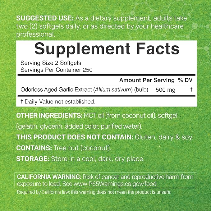 Odorless Aged Garlic 500 Softgels – Enhanced with MCT Oil - Fresh Allium Sativum Bulb Source – 2-Years Aged Garlic Extract – Non-GMO cGMP Manufactured