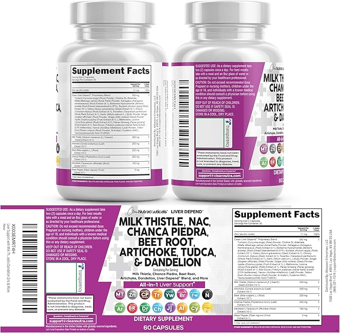 Clean Nutraceuticals Milk Thistle NAC Chanca Piedra Beet Root Artichoke Astragalus Dandelion Root - Liver Cleanse Supplement Plus TUDCA Choline &amp Ginger - 2Pack