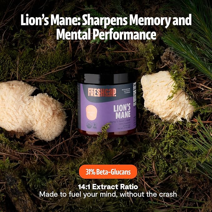 FreshCap Mushrooms Ayurveda Organic Lions Mane Powder 14000mg - Lions Mane Extract Mushroom Supplement for Focus &amp Memory Lions Mane Supplement Powder (60 Servings)