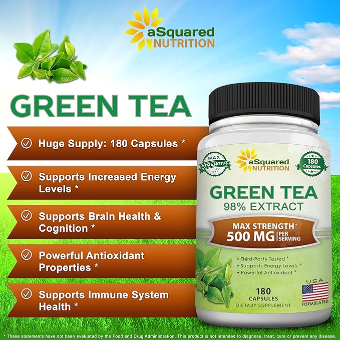 aSquared Nutrition Green Tea Extract with EGCG – 180 Capsules – 500mg per Capsule – 75% Polyphenols 45% EGCG – Antioxidant Support Heart Health Natural Detox – Low Caffeine Supplement