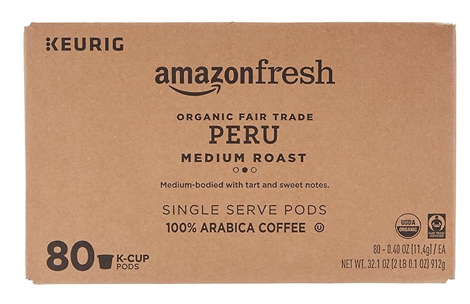 AmazonFresh 80 Ct. Organic Fair Trade K-Cups Peru Medium Roast Keurig K-Cup Brewer Compatible