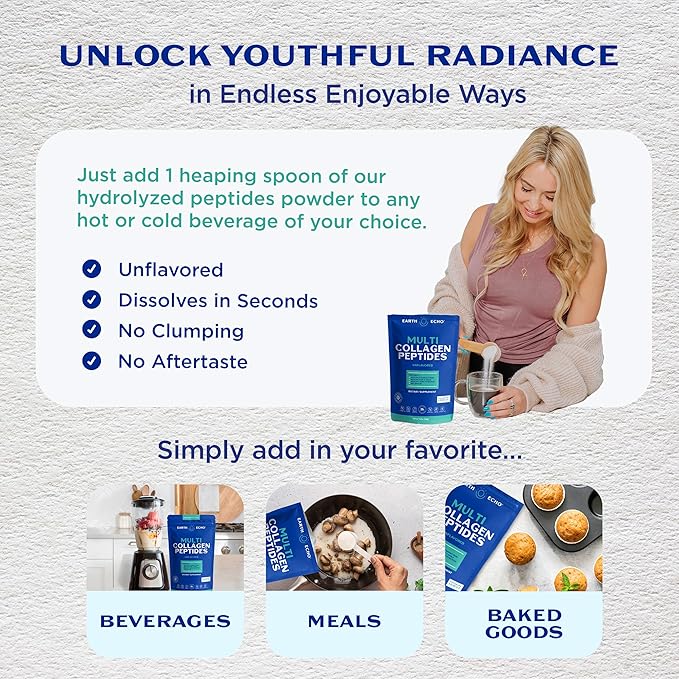 Earth Echo Multi Collagen Peptides Powder - Unflavored Hydrolyzed Collagen with Vitamin C &amp Hyaluronic Acid for Skin Joints Gut &amp Immunity - Non-GMO Dairy-Free Keto-Friendly - 26 Servings