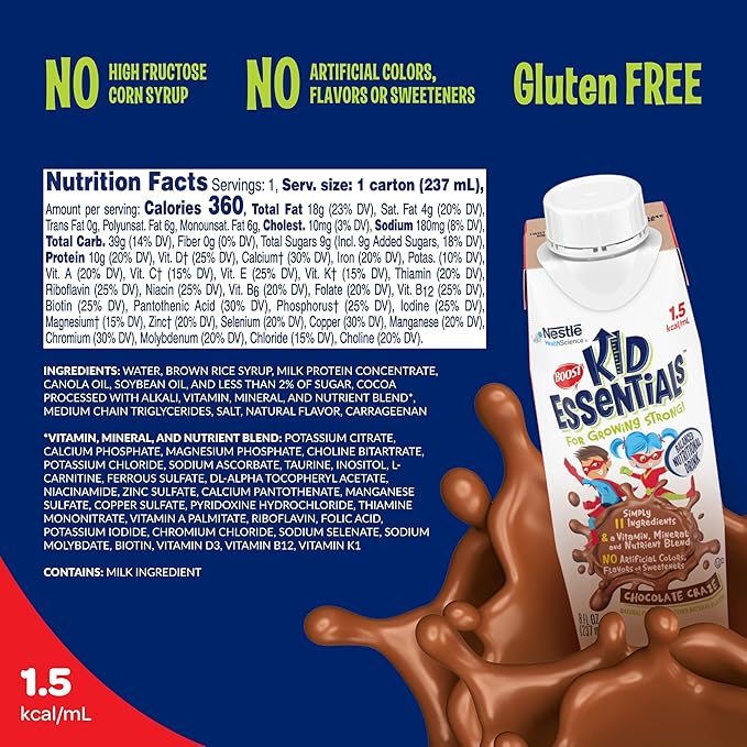 BOOST KID ESSENTIALS (1.5 kcal/mL) Chocolate Craze Nutritional Drink 10g Protein Vitamin C D  B12 and Zinc 8 Fl Oz (Pack of 24)