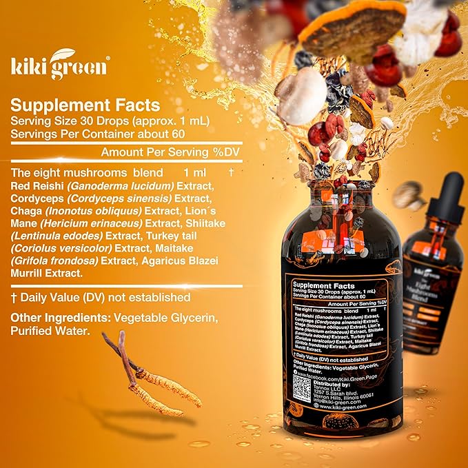 Kiki Green 8 Mushrooms Liquid Extract Drops - Adaptogenic Complex for Cognitive Support Immunity Boost - Lions Mane Supplement Cordyceps Chaga Reishi Shiitake Maitake Red Reishi