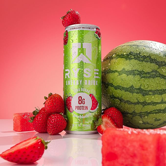 RYSE Functional Energy Drink - Strawberry Watermelon - 150mg Natural Caffeine 8g Whey Protein &amp 1g Prebiotics - Sugar Free Gut-Friendly Bloat-Free - 12 fl oz Cans (12-Pack)