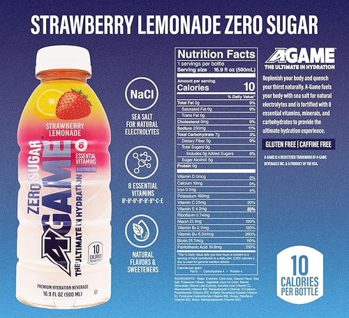 A-Game Zero Sugar Sports Drink Strawberry Lemonade Zero Sugar Free Hydration Sports Beverage 8 Vitamins Plus Electrolytes Natural Flavors Gluten Free &amp Keto Friendly 16.9 Fl Oz (Pack of 12)
