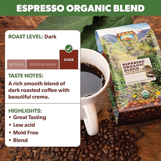 Low Acid Organic Coffee – Whole Bean Mold-Free &amp Stomach Friendly by Java Planet Espresso Blend Coffee Dark Roast Smooth Full Flavored 1LB Bag
