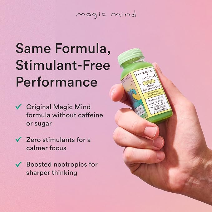 Magic Mind FREE Energy and Focus Drink Shots - Stress Relieving No Jitters Ashwagandha Vitamin B12 Vitamin C Matcha Green Tea Functional Mushrooms Caffeine Free - 2 FL Oz (15 Pack)
