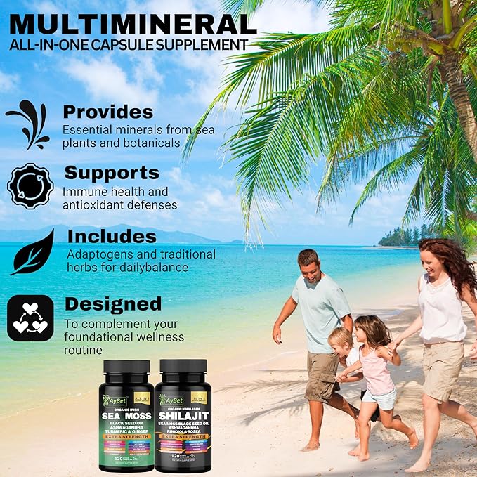 Sea Moss &amp Himalayan Shilajit Supplement Combo–Herbal Formula with Black Seed Oil Ashwagandha Rhodiola Turmeric Ginger – Mineral Antioxidant Support–Organic Halal Vegan Capsules–240 Count
