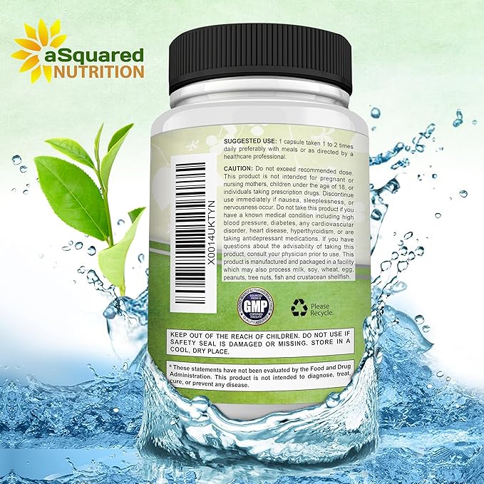 aSquared Nutrition Green Tea Extract with EGCG – 180 Capsules – 500mg per Capsule – 75% Polyphenols 45% EGCG – Antioxidant Support Heart Health Natural Detox – Low Caffeine Supplement