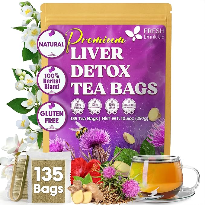 FreshDrinkUS Premium Liver Detox Tea Bags | 135 Count | Eco-Conscious Corn Fiber Tea Bags | Ayurvedic Stomach Relief &amp Liver Support | Vegan Caffeine Free Kosher