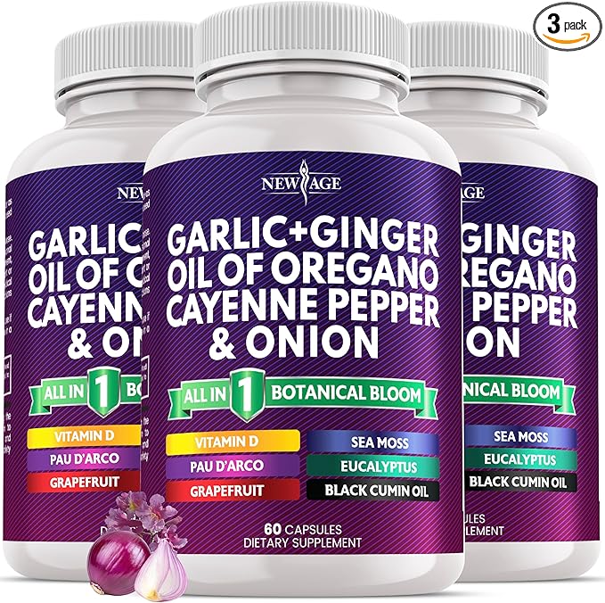NEW AGE Garlic + Ginger Supplement - Oil of Oregano Cayenne Pepper Soursop Black Cumin Sea Moss Black Pepper - Black Seed Cleanse - 180 Count