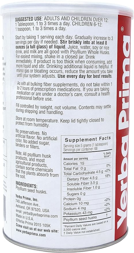 Yerba Prima Psyllium Husk 12 Ounce (Pack of 2) - Colon Cleanser Fiber Supplement - Natural Support for Gut Health - Non GMO Gluten Free Vegan