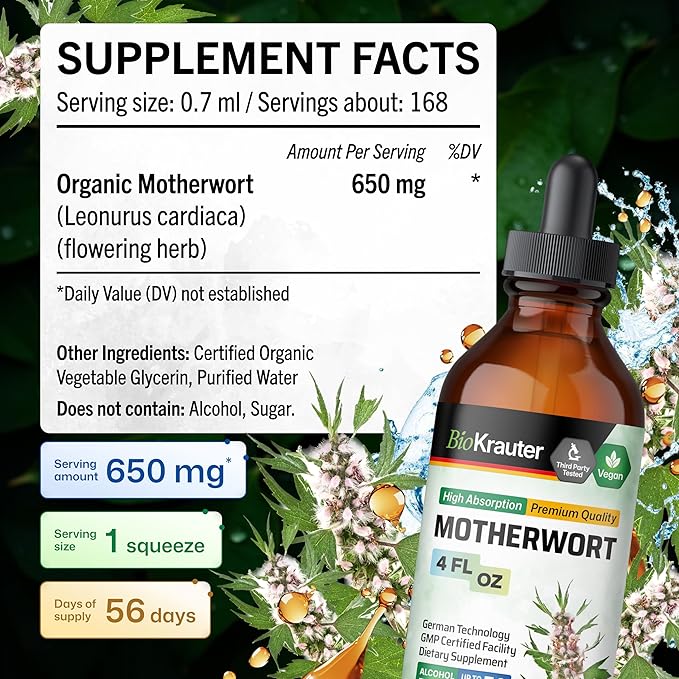 BIO KRAUTER® Perimenopause &amp Menopause Supplements for Women* - Vegan Motherwort Tincture 4 Fl.Oz 56-Day Supply for Natural Calm &amp Women's Wellness - Alcohol &amp Sugar Free - 650 mg per Serv