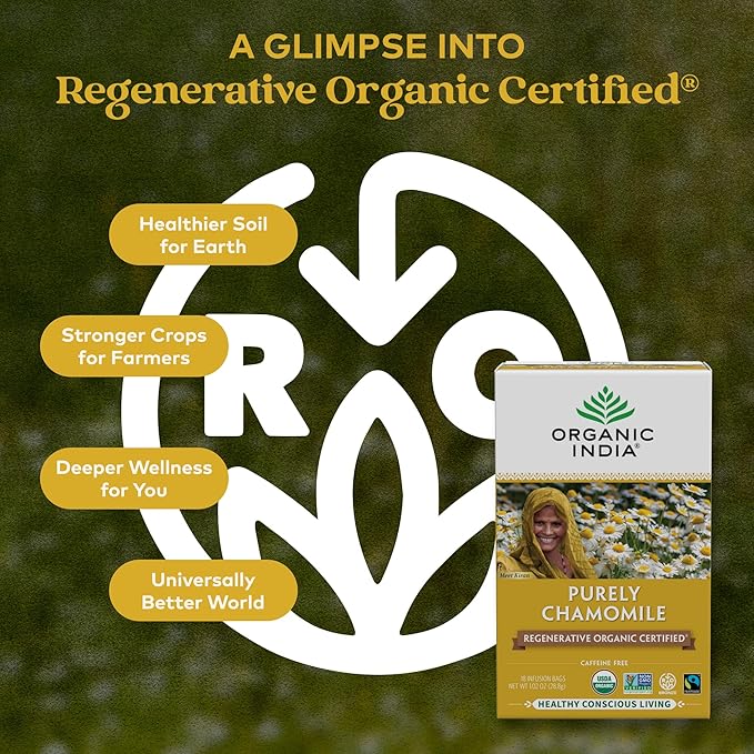 Organic India Purely Chamomile Tea - Regenerative Organic Pure Chamomile Flowers Caffeine Free Calming &amp Relaxing Herbal Tea Natural Support for Sleep &amp Relaxation - 18 Tea Bags Pack of 6