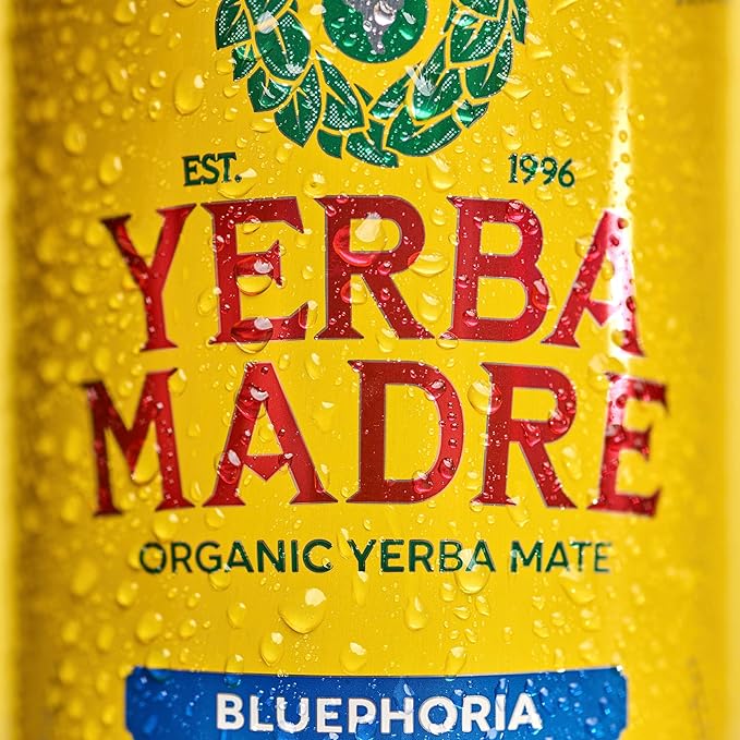 Yerba Madre Organic Yerba Mate Bluephoria 150mg Natural Caffeine Energy Drink Alternative No Jitters or Crash 15.5 Oz Cans (Pack of 12)