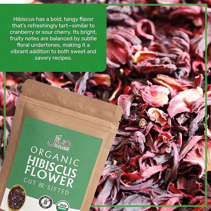 Organic Hibiscus Flowers 2 LB Jumbo Bulk Bag - 100% Pure Cut &amp Sifted Gluten Free Non GMO Non Irradiated Caffeine Free Perfect for Tea Blends Jams Baked Goods by Jiva Organics