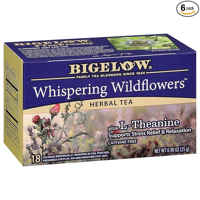 Bigelow Whispering Wildflowers Herbal Tea Plus L-Theanine Supports Stress Relief &amp Relaxation Caffeine-Free Kosher Gluten Free &amp Non-GMO 18 Tea Bags 0.9 Ounce (Pack of 6)