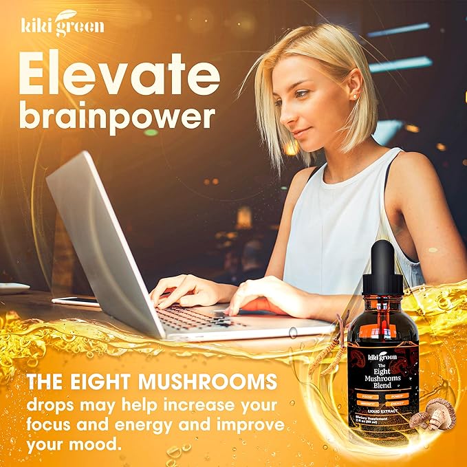 Kiki Green 8 Mushrooms Liquid Extract Drops - Adaptogenic Complex for Cognitive Support Immunity Boost - Lions Mane Supplement Cordyceps Chaga Reishi Shiitake Maitake Red Reishi