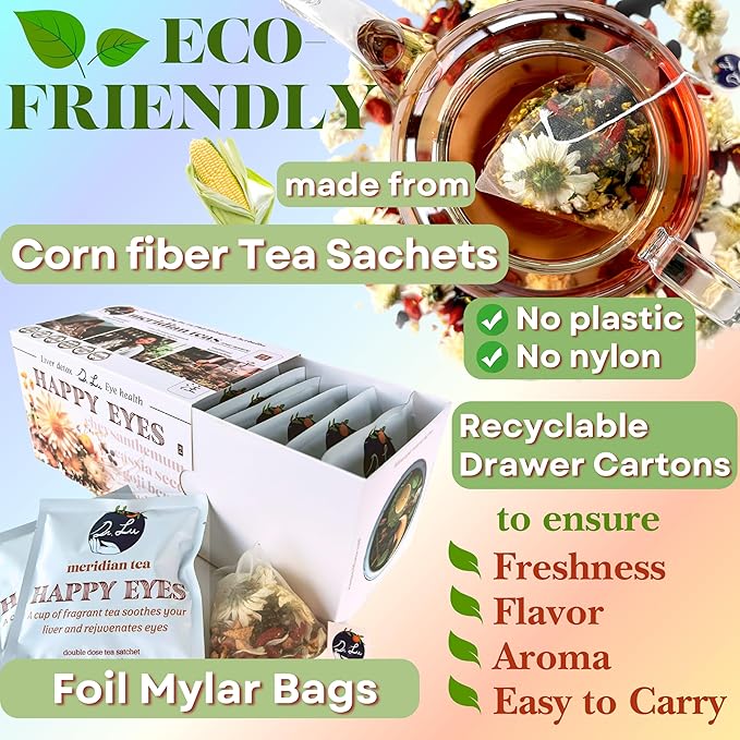Dr. Lu’s Happy Eyes Tea | 100% Natural Eyebright Tea for Liver Cleanse | Liver Detox tea for Eye Health | Chrysanthemum Cassia Seed Goji Berry 8 Premium Herbs in Corn Fiber Pyramid Bags | Made in US