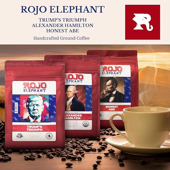 Rojo Elephant Handcrafted Ground Coffee 11 0z Bags 3 Pack Trump's Triumph Alexander Hamilton Honest Abe Decaf Classic Collection