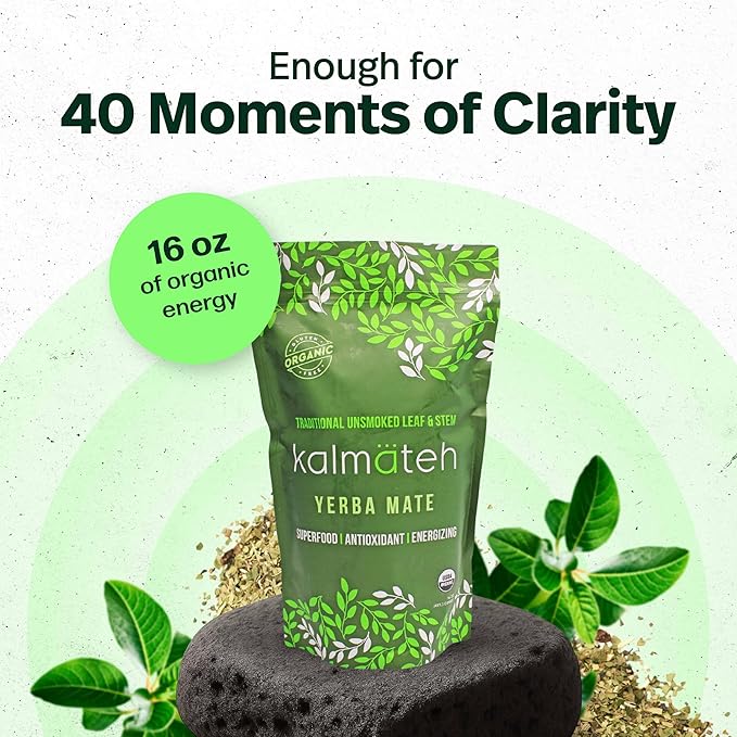 KALMATEH Premium Organic Yerba Mate 1lb Unsmoked Loose Leaf &amp Stem Tea Natural Coffee Alternative Herbal Tea for Energy Focus and Wellness Perfect for Yerba Mate Lovers - 1 Pack