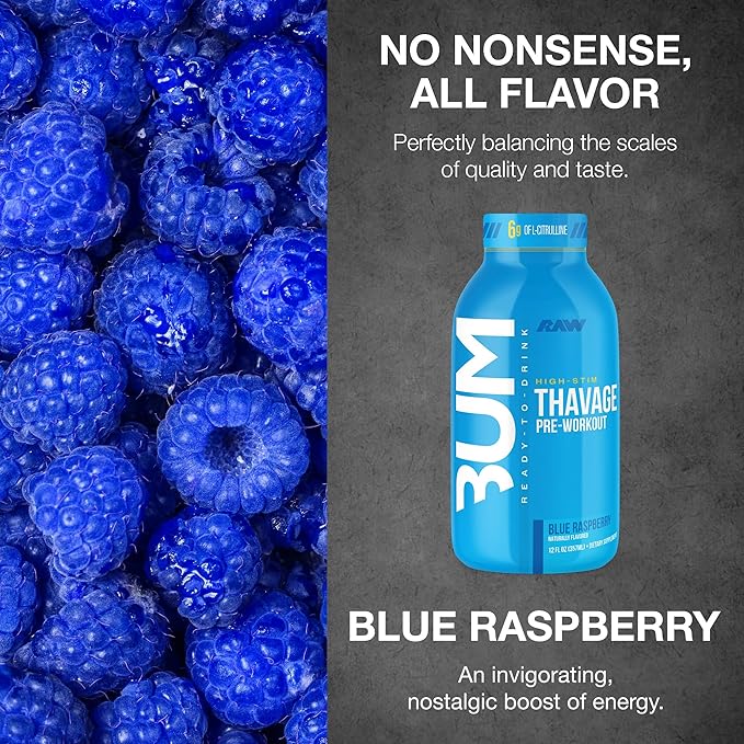 RAW Ready to Drink Pre-Workout Drink - BUM Thavage RTD Preworkout Shakes - Energy Supplement Drinks with Beta Alanine L-Citrulline &amp Caffeine - Zero Sugar (12 Pack Blue Raspberry)