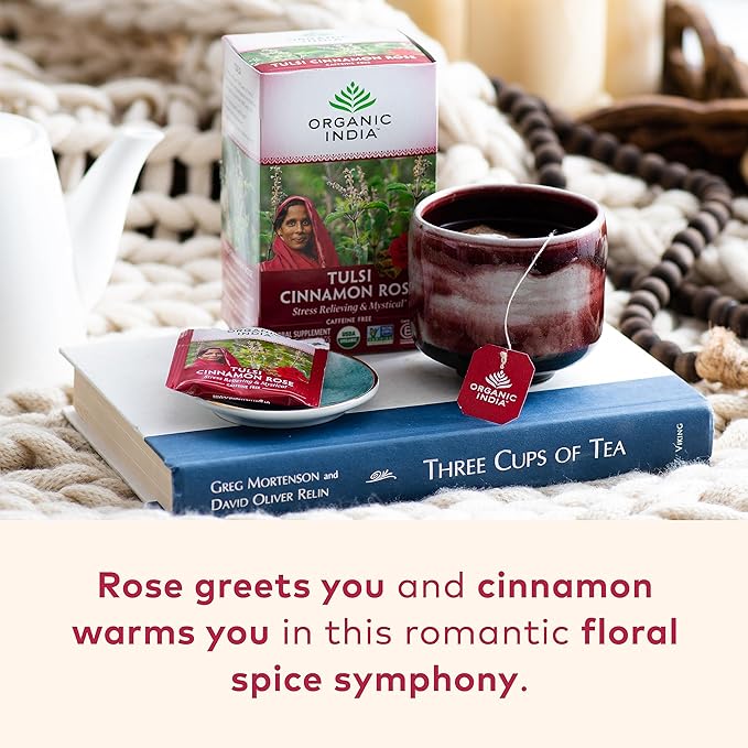 ORGANIC INDIA Tulsi Cinnamon Rose Tea Bags - Tulsi Rose Tea Bags Cinnamon Tea Bags with Holy Basil Chamomile Stevia USDA Certified Organic Caffeine Free Herbal Tea - 18 Infusion Bags 6 Pack