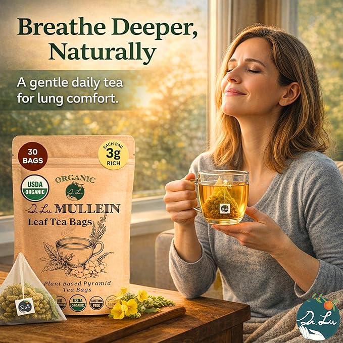 Dr. Lu’s Organic Mullein Leaf Tea | High-Altitude Grown in the Rocky Mountains | Pure Botanical Respiratory Support | 30 x 3g Premium Fill Corn Fiber Pyramid Bags (No Plastic No Nylon)