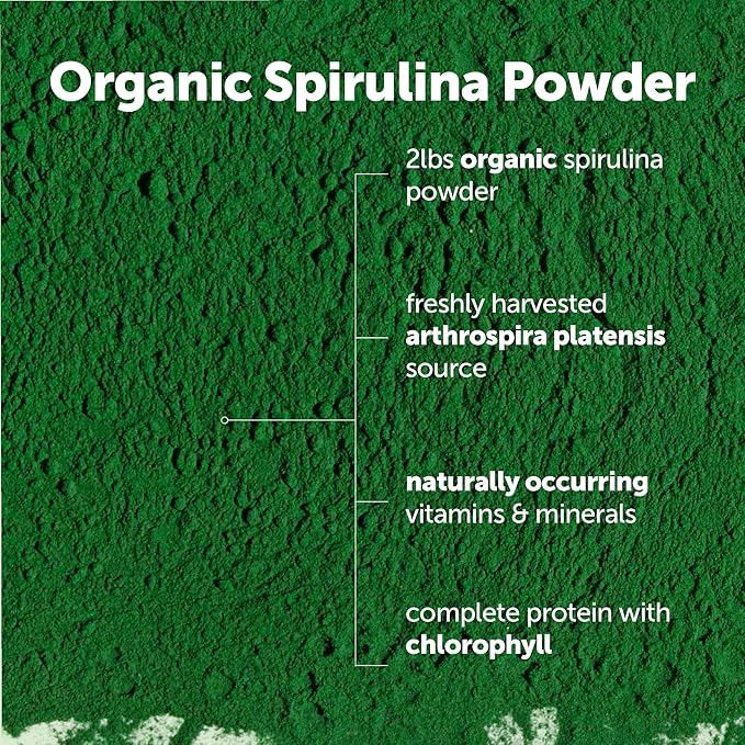 Micro Ingredients Organic Spirulina Powder 2lb | Blue-Green Algae Rich in Vegan Protein Vitamins &amp Minerals | Source of Natural Chlorophyll &amp Enzymes | Non-GMO Gluten-Free No Additives