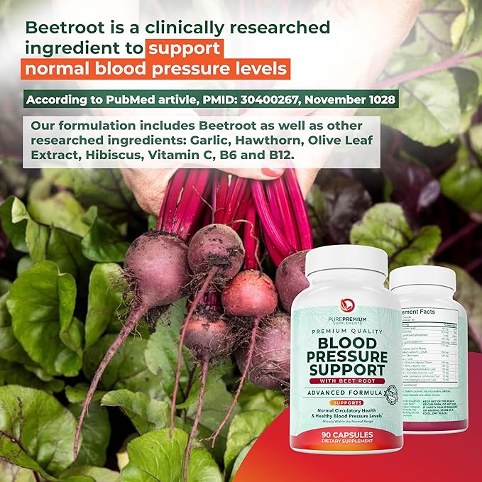 PurePremium Beet Root Capsules for Blood Pressure Support – 14-in-1 Formula with Beetroot Powder Hawthorn Hibiscus &amp Garlic for Normal Nitric Oxide Production &amp Heart Health – Non-GMO - 90ct