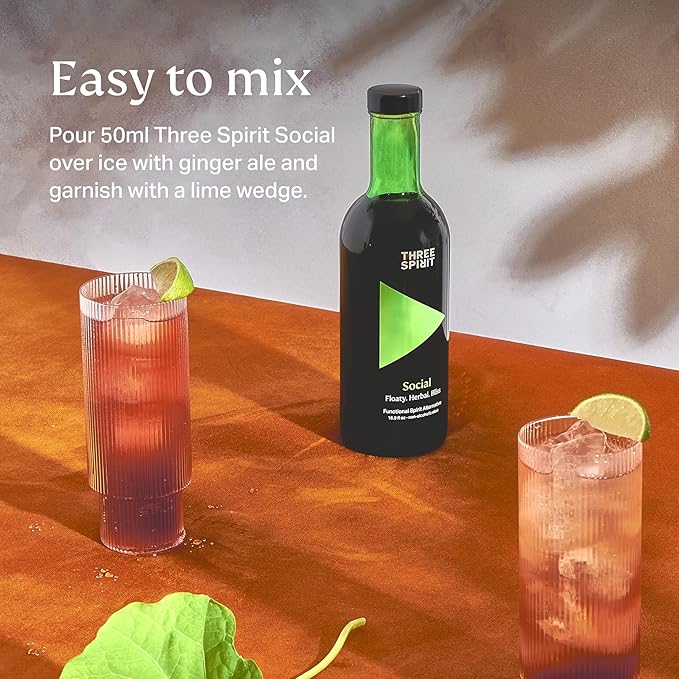 Three Spirit Non-Alcoholic Alternative Spirit - The Social 50cl | Adaptogens Cacao Damiana &amp Lion's Mane | Active Botanical Gluten Free &amp Vegan Drinks