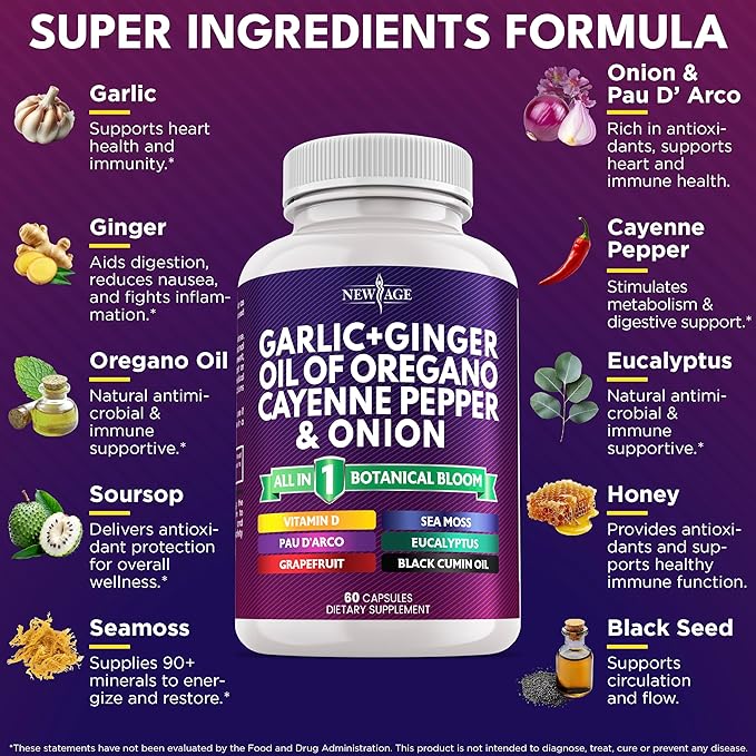 NEW AGE Garlic + Ginger Supplement - Oil of Oregano Cayenne Pepper Soursop Black Cumin Sea Moss Black Pepper - Black Seed Cleanse - 180 Count