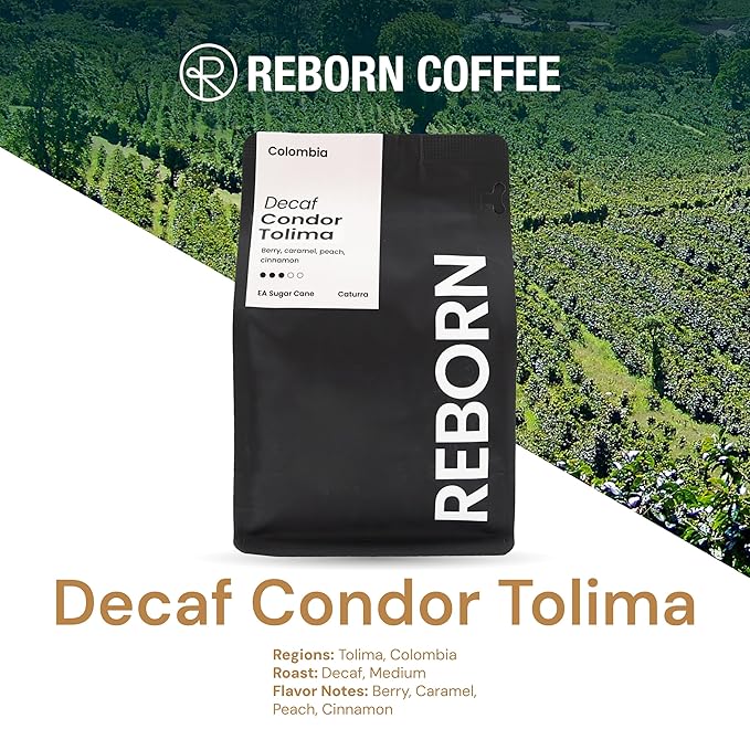 Reborn Coffee Specialty Whole Bean Decaf Coffee Medium Roast 12 Ounce Colombia Condor Tolima Flavor Notes of Berry Caramel Peach and Cinnamon