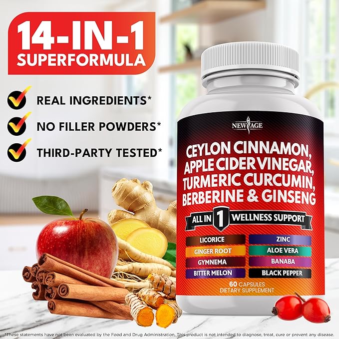 Ceylon Cinnamon Turmeric Apple Cider Vinegar Ginseng Aloe Vera Berberine Plus Banaba Ginger Root - 120 Count