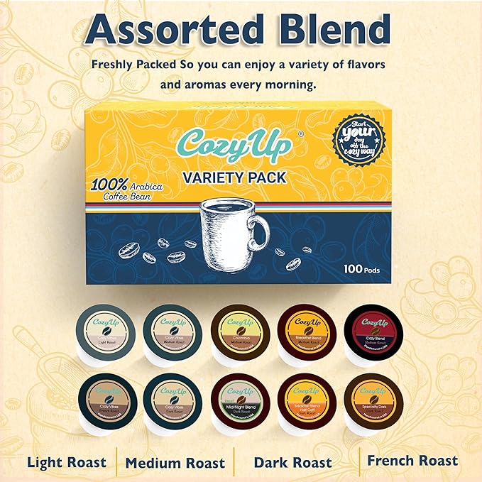 Cozy Up Variety Coffee Pods Compatible with Keurig K-Cup Brewers 10 Assorted Flavors 100 Count