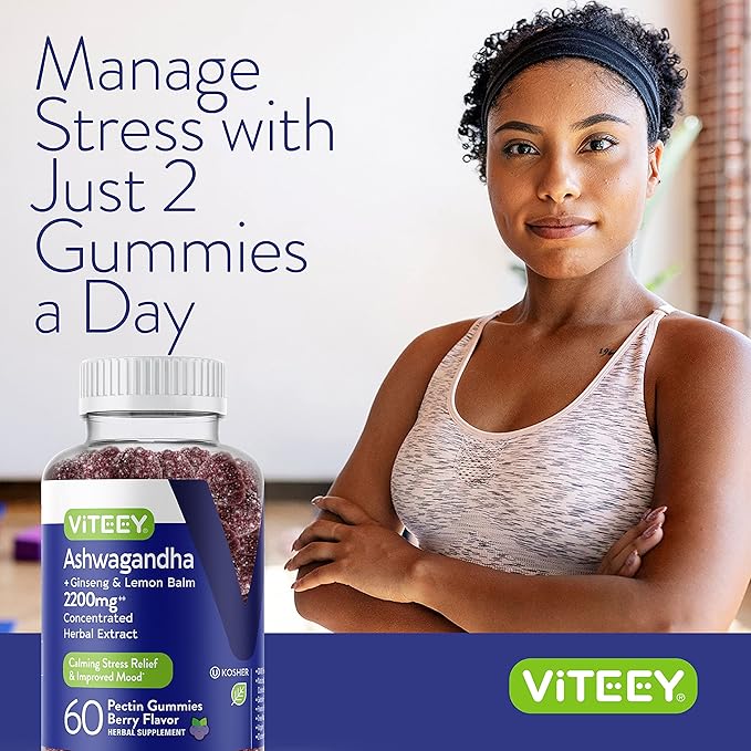 Viteey Ashwagandha Gummies with Ginseng &amp Lemon Balm - Mood Calm &amp Stress Support Ashwagandha Supplements - Vegan Gluten-Free - 120 Count