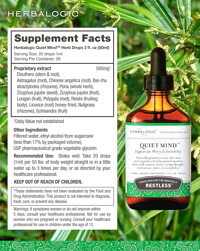 Herbalogic - Quiet Mind Liquid Herb Drops - Non-Sedating Promotes a Feeling of Zen-Like Calm - Eases Worry and Panicky Mood - Based on The Traditional Chinese Formula GUI Pi Tang - 2 Fl. Oz.