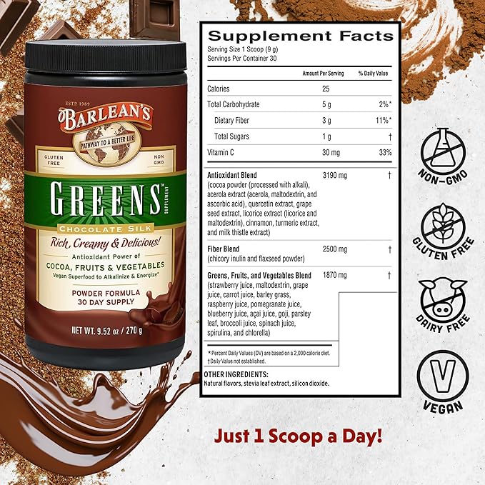 Barlean's Chocolate Greens Powder Daily Fruit and Vegetable Superfood Supplement Green Antioxidant Blend and Fiber Smoothie Drink Mix 9.52 oz