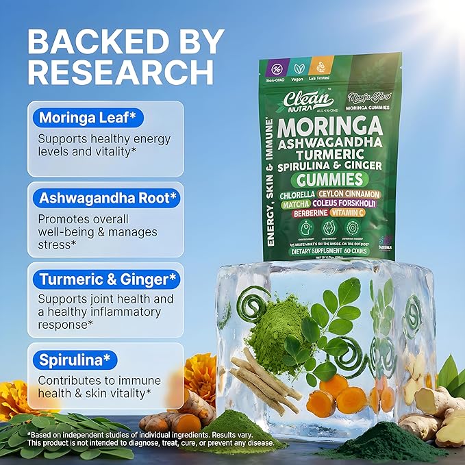 Clean Nutra Moringa Gummies | Pure Moringa Powder Supplement + Ashwagandha Turmeric Spirulina &amp Ginger Energy Skin Immune &amp Gut Health Green Superfood - Moringa Capsules Alternative
