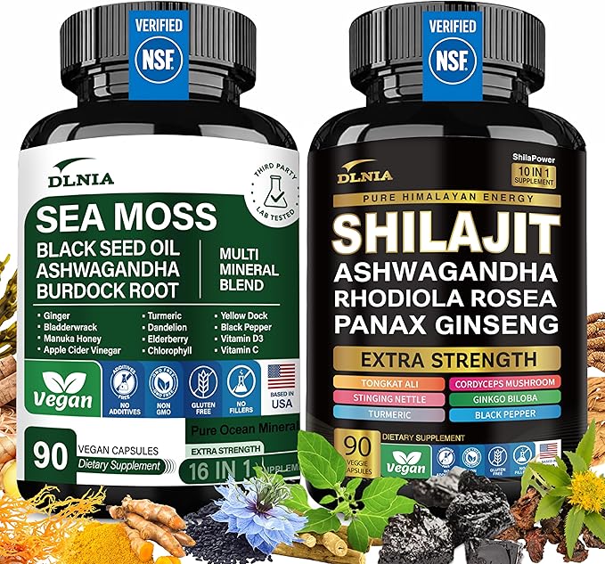 Shilajit 9000mg Sea Moss 17500mg Ginger &amp Black Seed Oil 4000mg Ashwagandha 5000mg Rhodiola Rosea 1000mg Panax Ginseng 1500mg All in 1 Supplement - Sea Moss &amp Shilajit Vitality Bundle